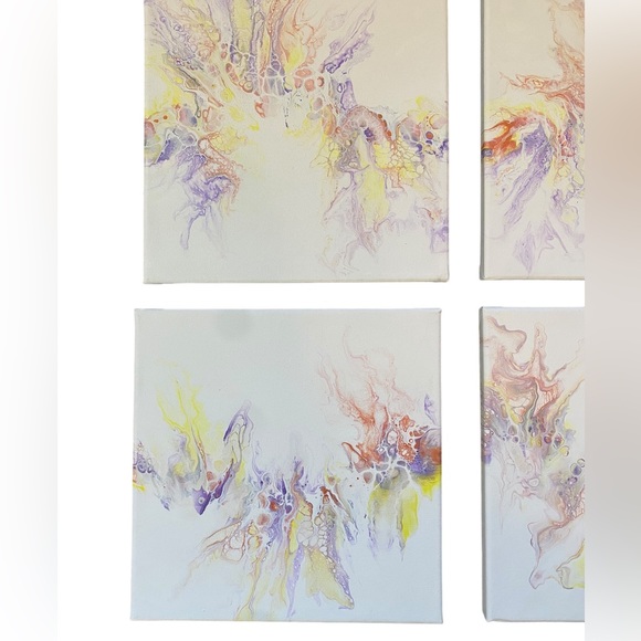 Set of 4 acrylic paint pouring custom canvas art blow out hair dryer art - Picture 2 of 8